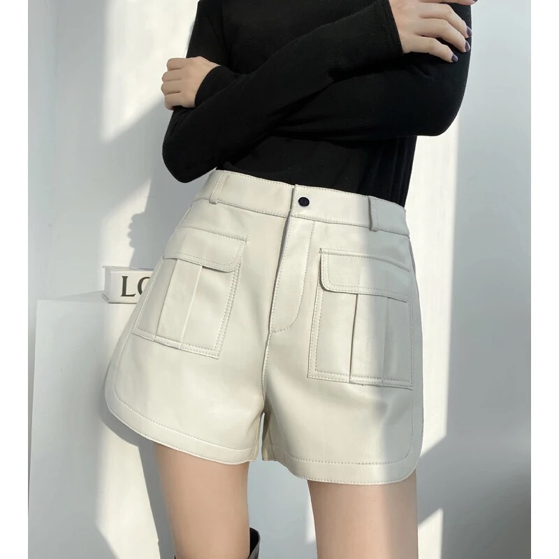 2025 New Fashion European and American Style Genuine Leather Shorts Workwear Style Sheepskin Short Leather Pants for Women