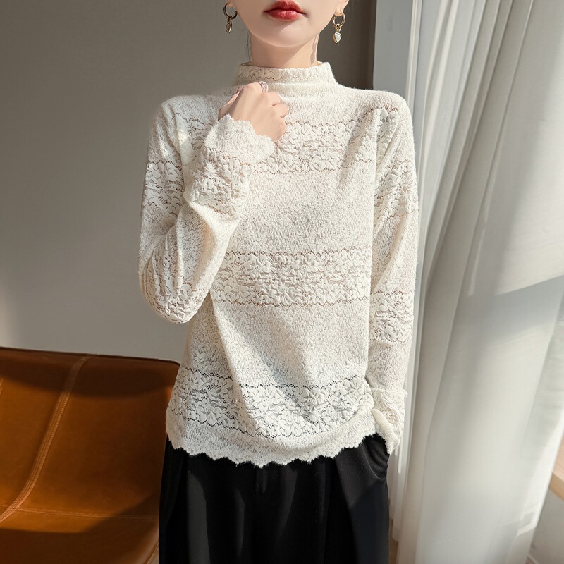 Summer New Style Lyocell Half-High Collar Women's Long-Sleeve French Gentle Style Lace Floral Fashion Crochet Top Knitwear