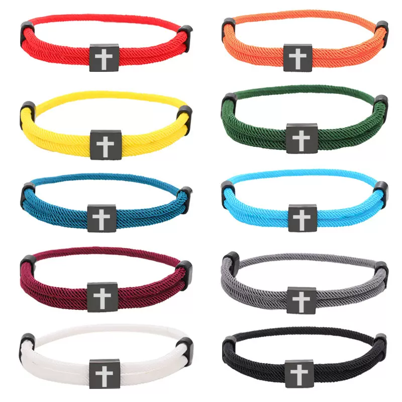 跨境多色现货米兰绳手链十字架黑色不锈钢刻字可调节编织绳手链