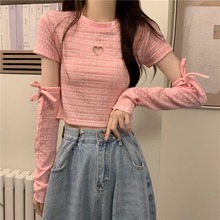 多巴胺女孩穿搭粉色爱心泫雅风镂空长袖t恤女秋袖套短款甜辣上衣