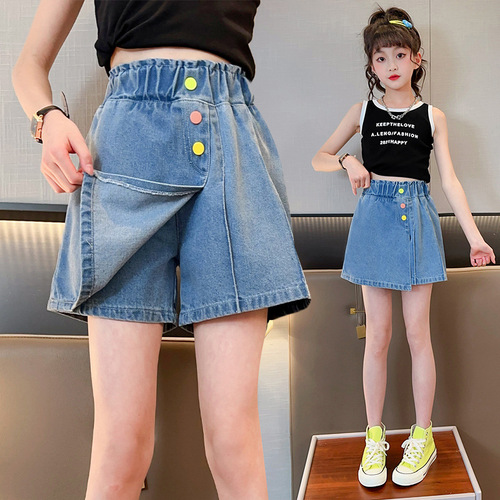 Wholesale Solid Color Denim Shorts for Girls and Boys - Summer 2024 New Arrival High-Waisted Slimming Shorts with Button Design - Korean Style