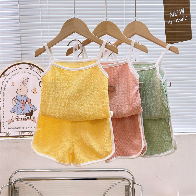 Traje de honda para niños verano nuevo chaleco para niñas pantalones cortos de dos piezas para bebés ropa fina de verano ropa para niños al por mayor