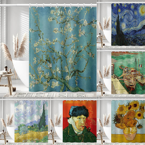 Stylish and Cute Textured Cross-Border Best-Selling Waterproof and Mold-Proof Shower Curtain without Drilling Set Bathroom Partition Curtain Van Gogh Oil Painting Shower Curtain