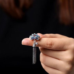 復古藍蓮花流蘇戒指女款國潮民族風燒藍鍍銀開口指環文藝氣質飾品