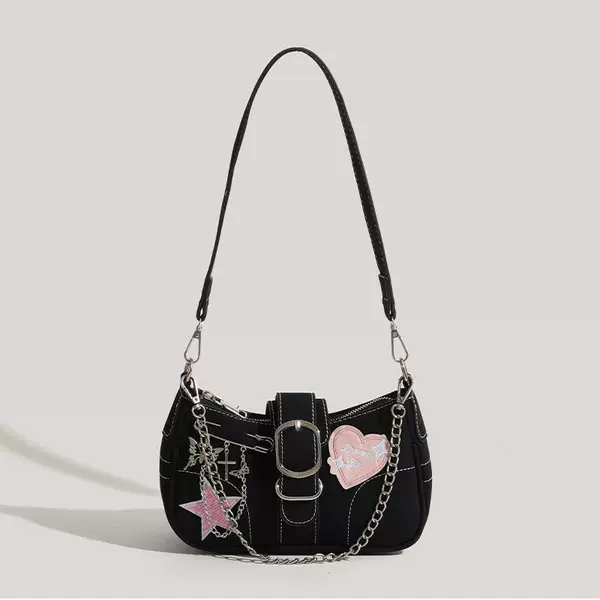 Ins Niche Fashion Heart Butterfly Brooch Armpit Bag for Women 2024 New Y2K Sexy Motorcycle Baguette Bag for Women