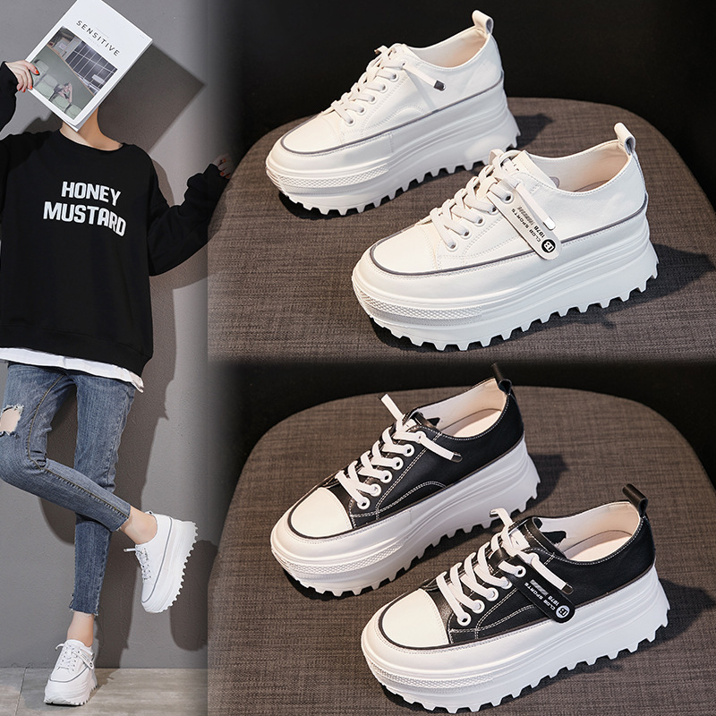 Spring New Inner Height Leather Casual Shoes Round Toe Low Mouth White Shoes Low-top Cow Two-layer Leather Women's Single Shoes