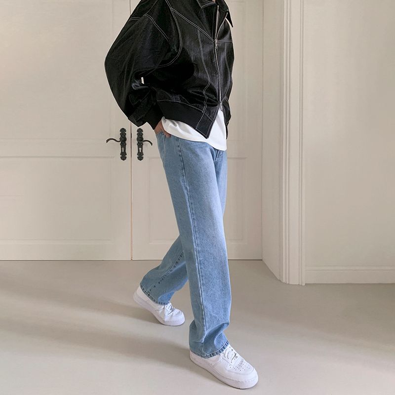 MYQAmerican Retro Straight Jeans Men's Spring And Autumn Versatile High Street Wide Leg Solid Color Casual Long Pants