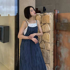 有货 INS博主款 夏季设计感小众宽松拼接两件式吊带连衣裙女98721