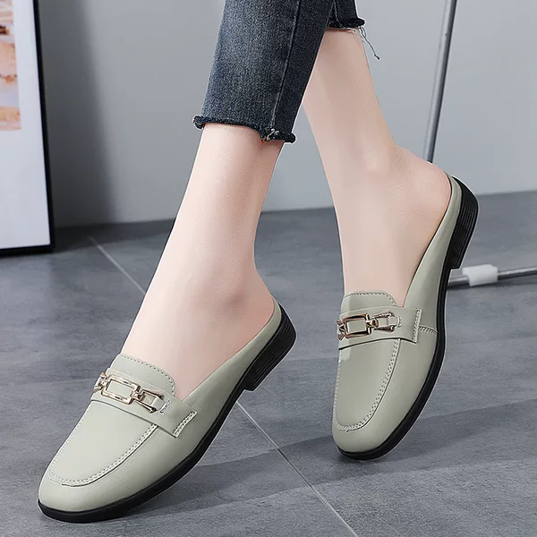 No Heeled Shoes Women's Summer Slip-on Lazy Shoes Foreign Trade Metal Buckle Half Shoe Women's Work Leather Shoes