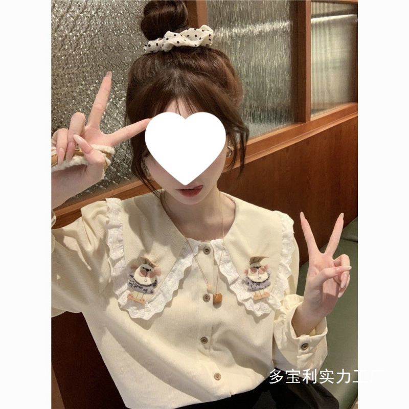 韩版甜美减龄可爱兔子娃娃领长袖衬衫女秋装日系衬衣宽松开衫上衣