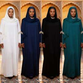 跨境女装长袍蕾丝花边头巾连衣裙二件套装舒适宽松优雅长裙