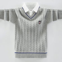 男孩加衬衫领秋冬假两件绒毛中大童衣新款线衣套头男童儿童针织衫