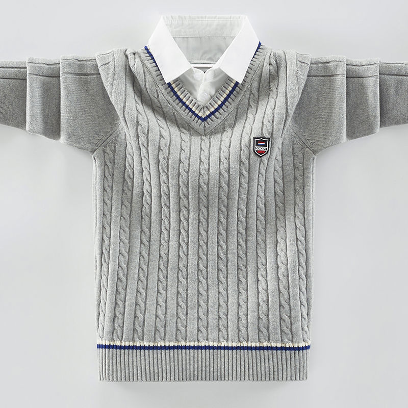 男孩加衬衫领秋冬假两件绒毛中大童衣新款线衣套头男童儿童针织衫