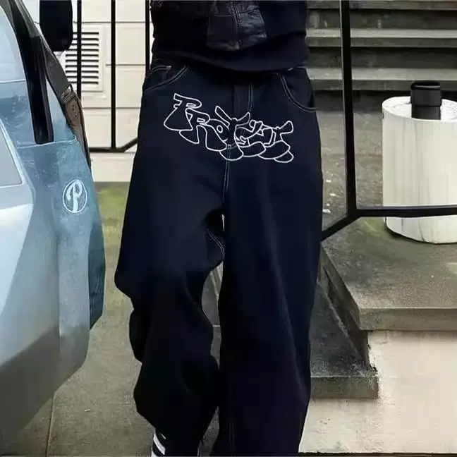 跨境2025新款青年美式街头长裤休闲牛仔裤男嘻哈潮流牛仔裤