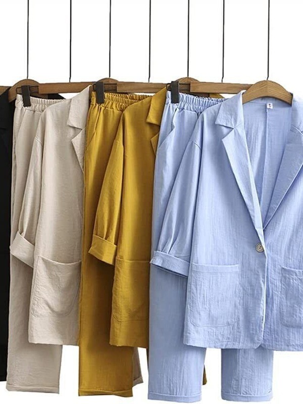 Women's Cotton and Linen 2-Piece Suit Jacket + Pants Autumn Loose Fashion Casual Cotton and Linen Suit Top Set