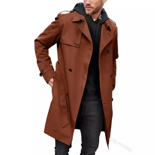 Fall/Winter Solid Color Western Long-Sleeve Trench Coat Men's Collar Slim Fit Double Breasted Casual Jacket