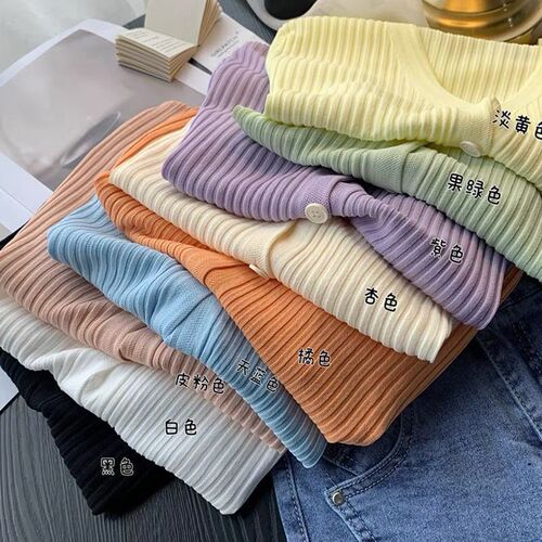 Summer Ice Silk Short Sleeve Cardigan Solid Color V-neck Outerwear Unique Design Thin Top for Layering Air Conditioner Shirt Dropshipping
