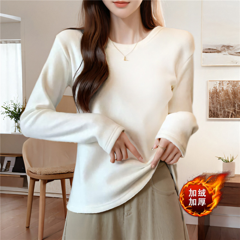 Autumn and Winter fleece-lined White Base Shirt Women's Inner Thickened Long-sleeved fleece-lined T-shirt Women's Solid Color Loose Round Neck Top