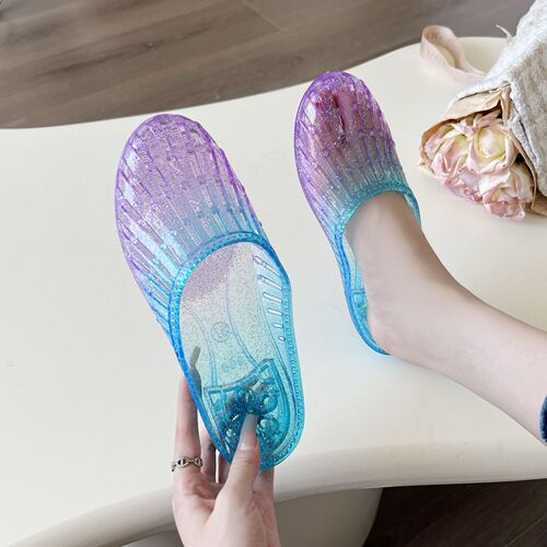 Summer New Crystal Toe Sandals Women Summer Outdoor Fashion Flat Bottom Slippers Home Use Anti-Slip Hollow Jelly Shoes 