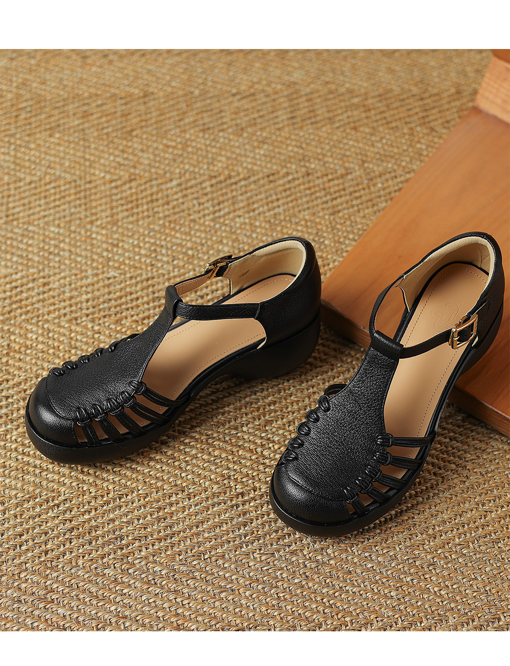 Sandal nữ da cừu mũi bao đế dày quai ngang một chữ kiểu La Mã — đen chi tiết 18