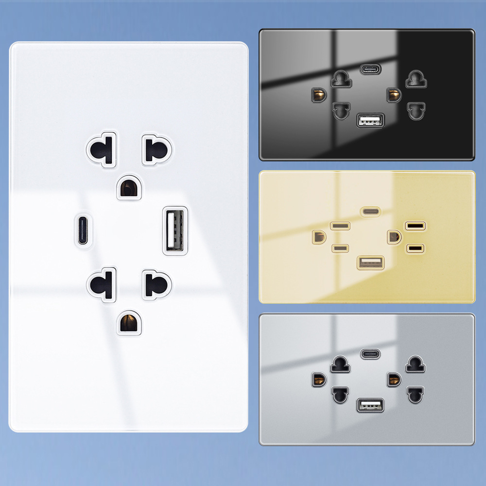 越南泰国大板全面屏泰标玻璃面板双联USB插座+Type c充电电源面板