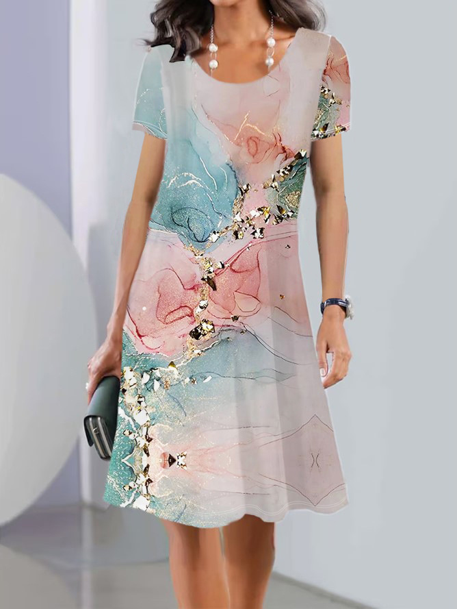 Women Printed Summer Dress Short Sleeve Round Neck Trendy Stylish