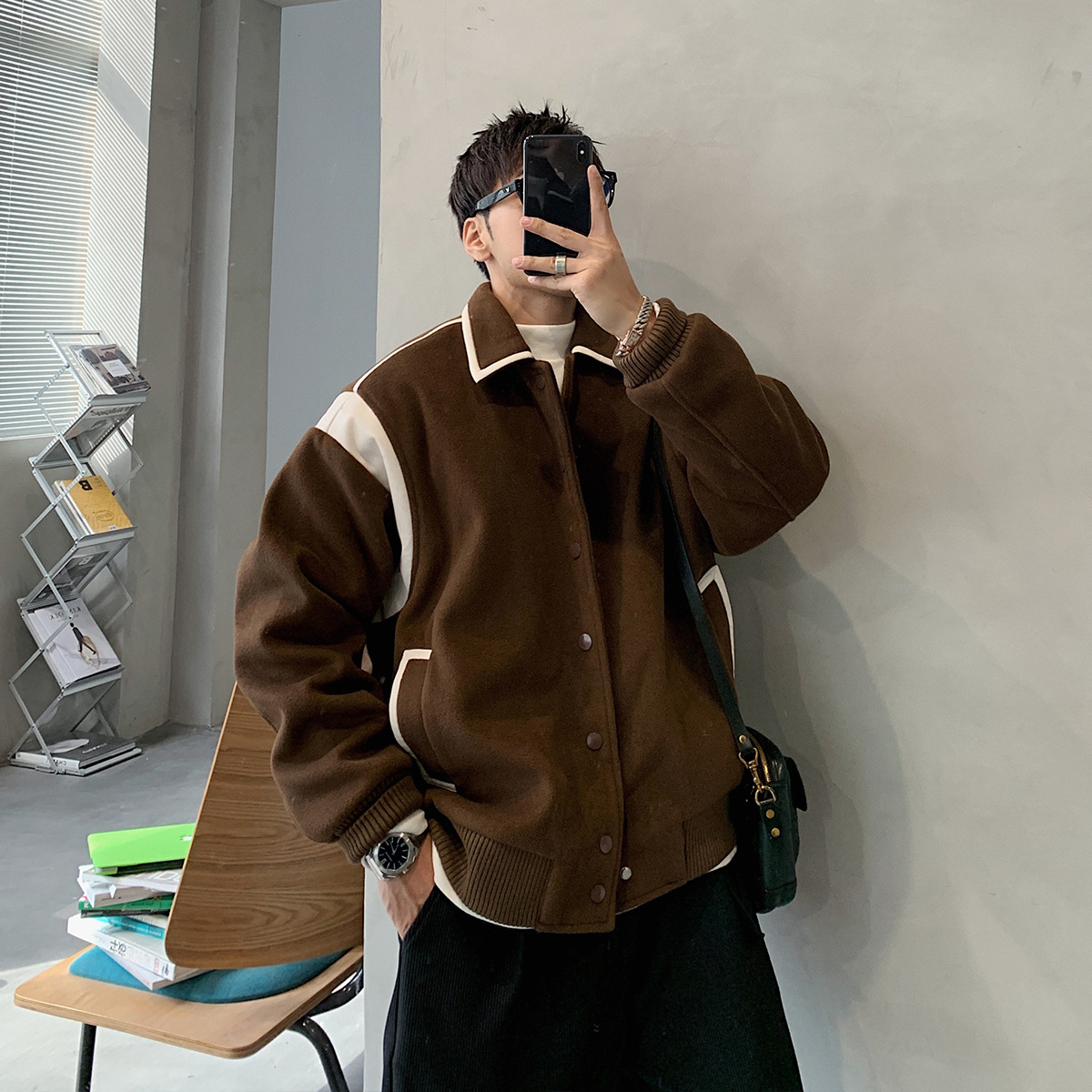 Amerikanische Patchwork-Wolljacke, trendiges High-End-Oberteil für Herren im Frühling und Herbst, hübsche High-Street-Ruffian-Arbeitsjacke_voghion.com