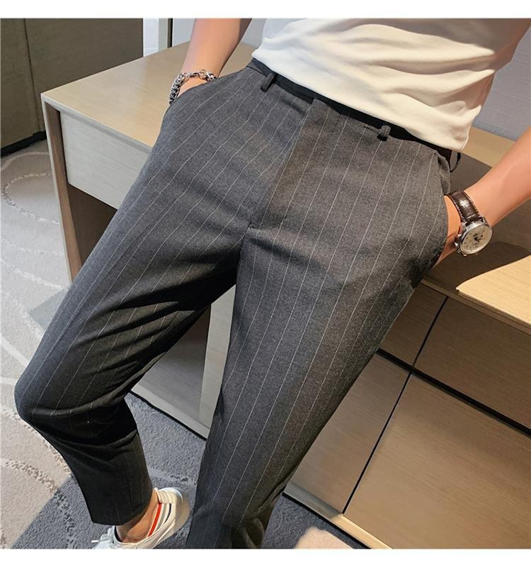 Quần tây sọc nam mùa hè ống côn Hàn Quốc dáng ôm nhẹ — Màu xám đậm với fleece, Quần lửng màu xám đậm, Quần lửng đen, Lông cừu đen chi tiết 13