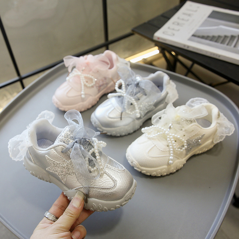 儿童公主运动鞋2025春秋新款女童皮面网纱蝴蝶结珍珠休闲老爹鞋|undefined