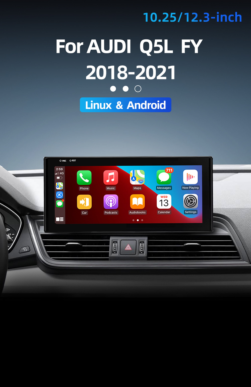 Large screen central control car navigation system compatible with Audi Q5L FY 2018-2021, Android wireless Carplay