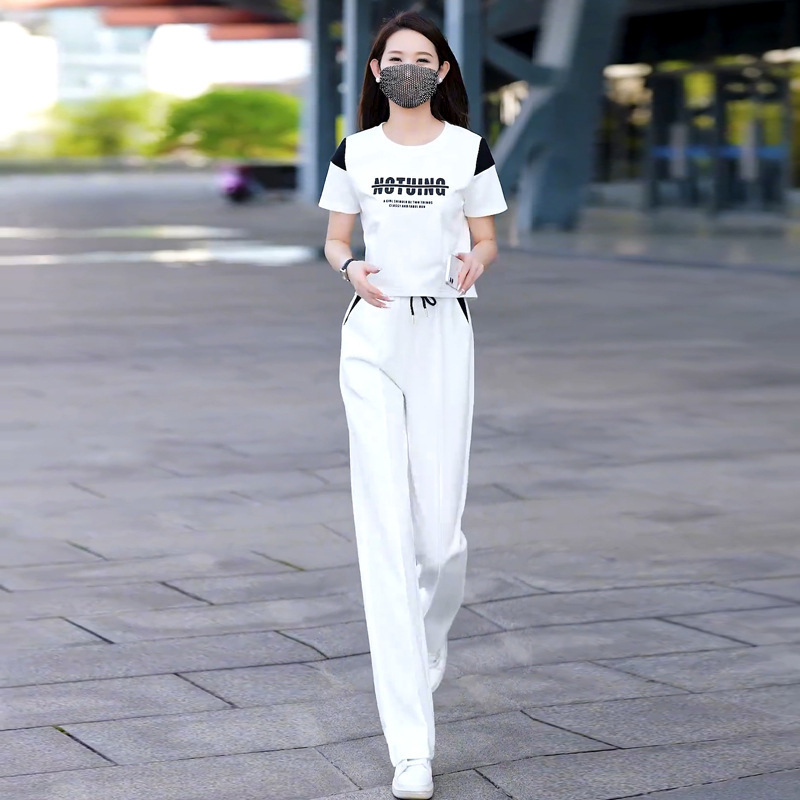 Women's Contrast Color Casual Sports Suit Short Sleeved Top And Wide Leg Pants Two Piece Set Stylish Slimming Trendy 2026_ecoleips.com