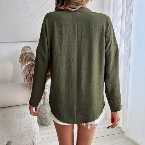 Euro-American 2025 Summer V-neck Solid Color Fashion Casual Long-sleeve Shirt for Women, Light Luxury and Elegant