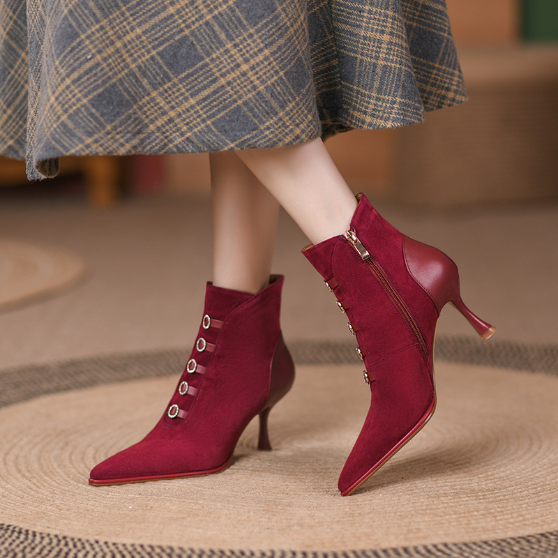Vintage Wine Red Pointed Toe Short Boots 2021 New Frosted Sheep Anti-leather Thin-heel Side Zip High Heel French Single Boots