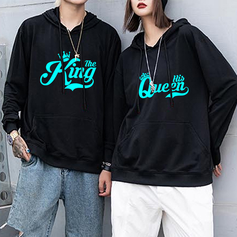 Couple Hoodies King and Queen Print Couple Hoodies Fashion Harajuku Graphic Valentine's Day Men's and Women's Winter Clothes