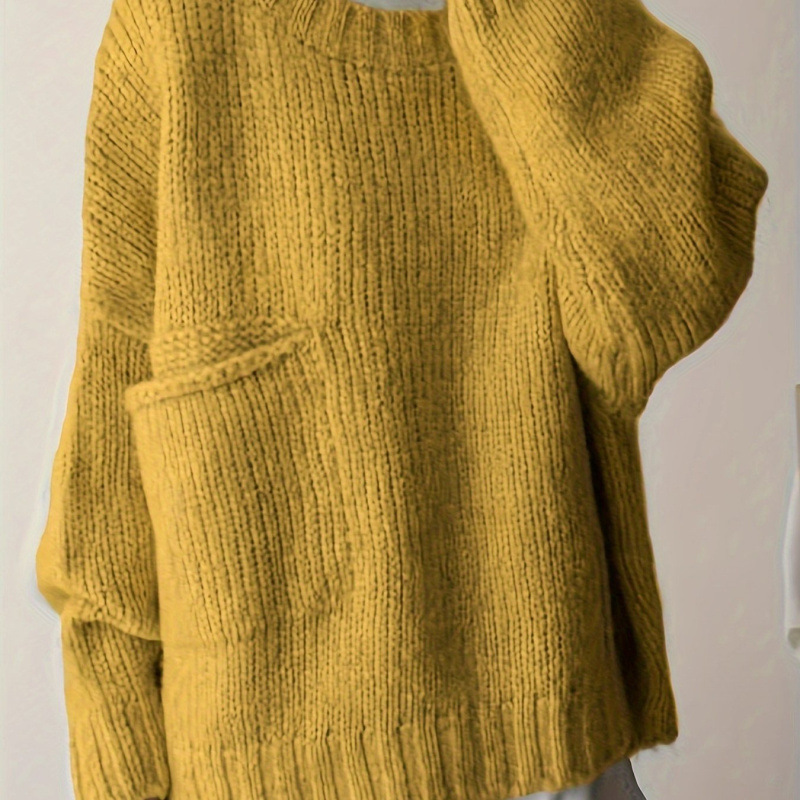 Plus Size Solid Pocket Crew Neck Sweater Casual Long Sle跨境|undefined