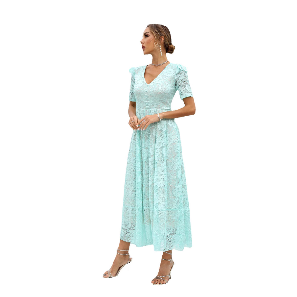 QQH comercio exterior nuevo vestido primavera encaje falda media temperamento viaje cintura alta verde cuello en V vestido