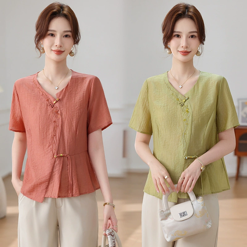 Летняя стильная футболка с короткими рукавами для мамы, новинка 2025 года, летняя повседневная рубашка в китайском стиле для женщин среднего и пожилого возраста, топы для женщин
