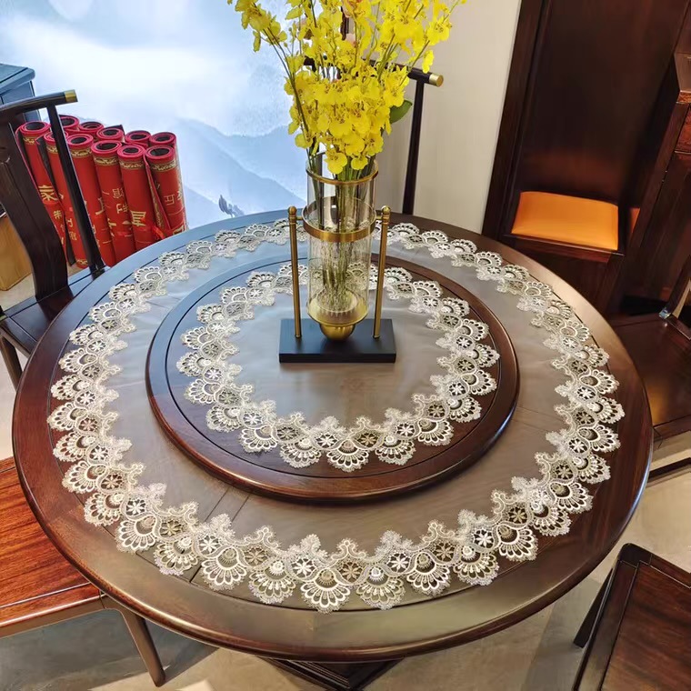 American lace tablecloth transparent mesh fabric Home Hotel double-layer round table mat Amazon round tablecloth wholesale