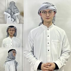 跨境穆 斯林男頭巾纏頭格子波浪條紋男士頭巾頭箍套裝