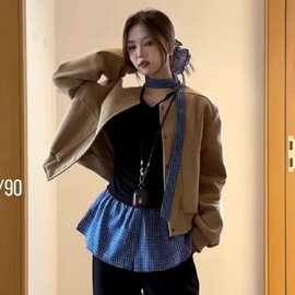 实价 2025秋季新款拼接格子假两件斜肩长袖t恤女设计感上衣潮