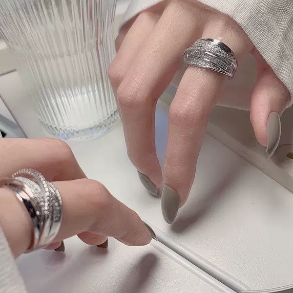 French Style Light Luxury Designer Diamond-encrusted Zircon Ring Internet Celebrity Heavy Industry Shiny Multi-layer Index Finger Ring Women's Adjustable