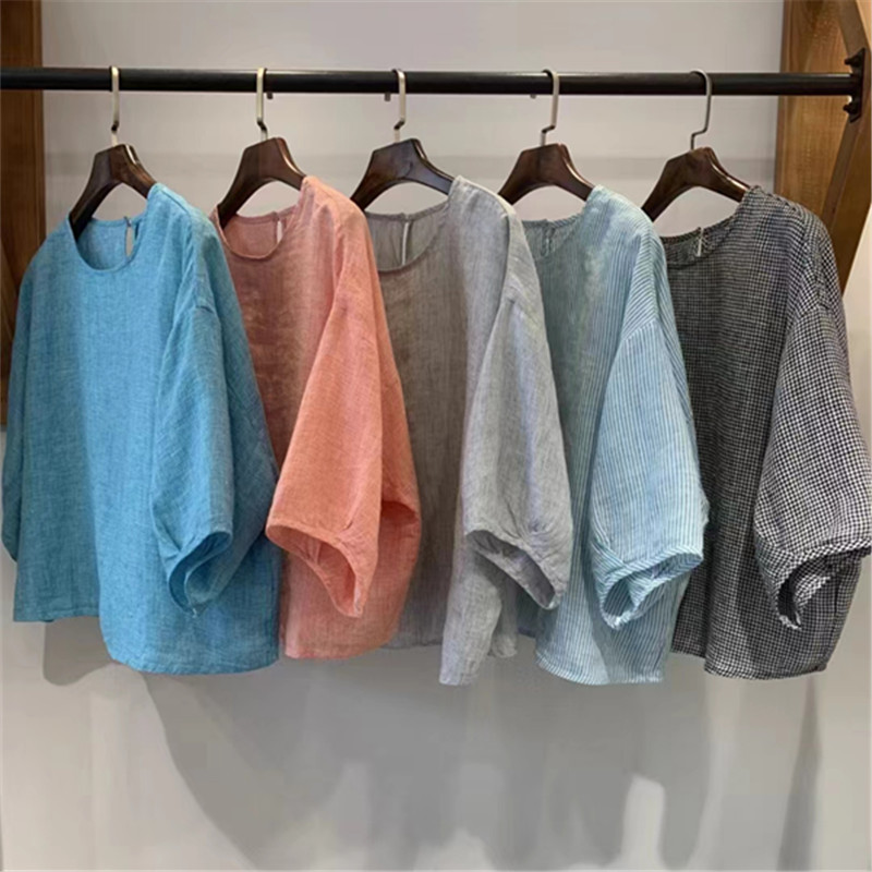 Japanese style linen plaid shirt for women Spring New loose casual versatile retro artistic age-reducing shirt top for women