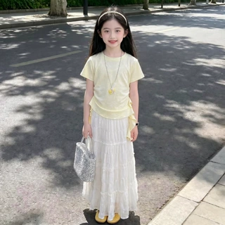 女童韩系夏装套装2026新款大童洋气飘带T恤蛋糕裙半身裙两件套潮