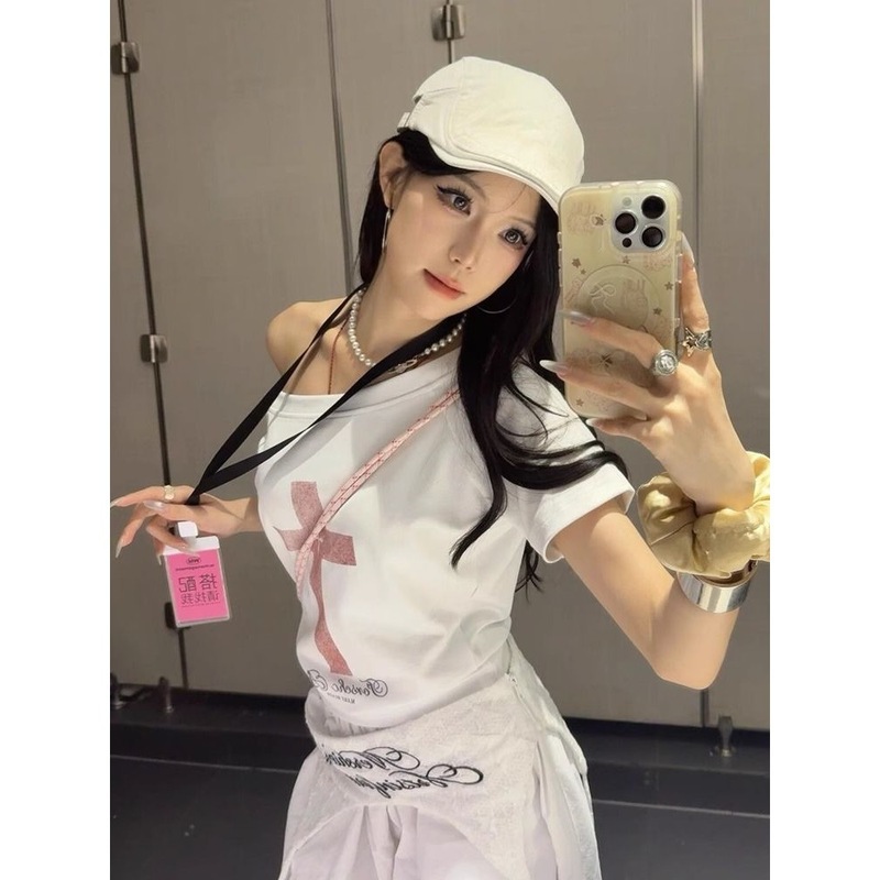 ホットガールクロスプリント斜め肩ピュアコットン半袖Tシャツレディースファッション新しいスタイル多用途イントレンドデザイン|undefined