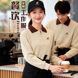 餐饮工作服长袖定制印logo咖啡奶茶面包店服务员POLO领卫衣工装秋