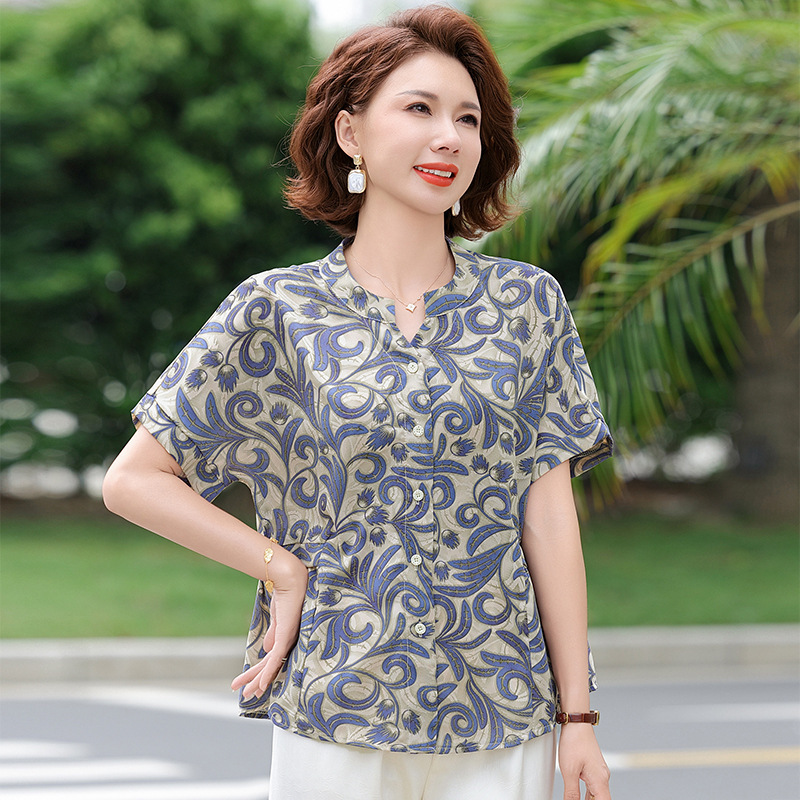 ママの夏のおしゃれトップス、中年半袖シャツ、婦人服、中高年女性の新作夏Tシャツ、洋風スーツ|undefined