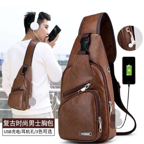 Cross-border new leisure unisex single-shoulder bag outdoor sports USB charging chest bag for men PU business cross-body bag