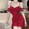 Fringe Drop Shoulder Sleeves Hanging Strap Wrap Hip Ruffle Edge Bottom Dress