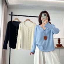 胖MM大码2025秋季新款女装韩版时尚圆领木耳边长袖毛衣 z74 6025