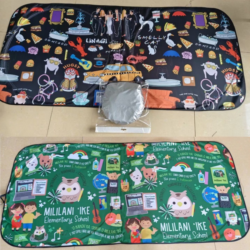 Universal heat insulation sun shield coated silver cloth car double ring sun visor printed LOGO car sun shield